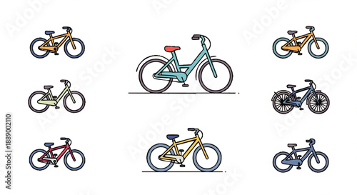 Set of minimalist bicycle illustrations in flat line art style, showcasing diverse bike types for healthy lifestyle, eco-friendly transport, and modern design projects