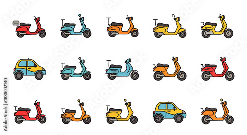 A diverse collection of stylized vector illustrations featuring vibrant scooters and compact urban vehicles in various colors, perfect for modern transportation themes