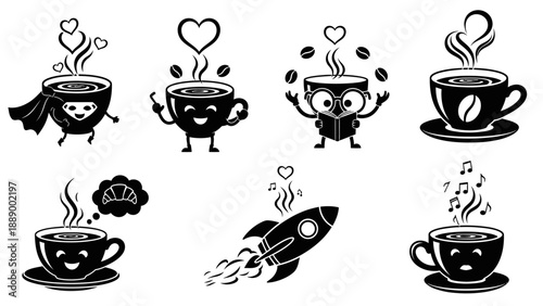 Set of cute coffee cup characters enjoying hot drinks with love hearts and steam, cartoon style vector illustrations