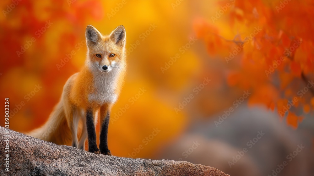 Obraz premium A beautiful red fox poses gracefully on a rocky surface, surrounded by glowing orange and yellow leaves. The warm light of evening enhances the tranquil forest atmosphere