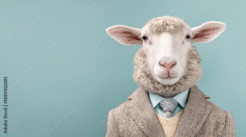 Obraz premium sheep in a suit, isolated on a pastel background, with copy space