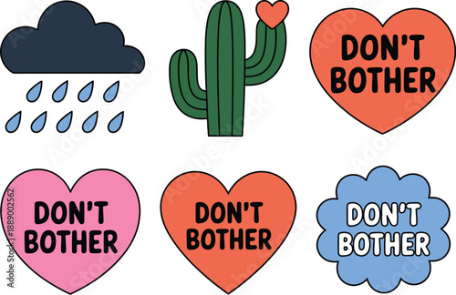 A colorful illustration of various stickers with a 'don't bother' theme on a white background