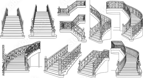 Ornate Staircase Designs Set – Classic Architectural Stairways Illustration