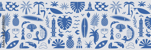 tropical summer ocean print kit, hand drawn exotic nature silhouette stamps, vintage coastal logo, surf travel sticker, beach vacation badge art.