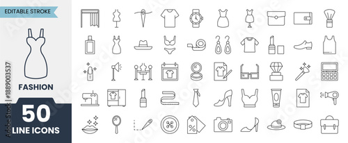 Fashion line icons set with editable stroke. Containing dress, sewing, tie, underware, clothes, tailor, accessories and more. Vector illustration