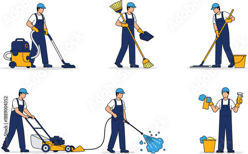 Professional cleaning service workers performing household and office maintenance tasks vector illustration set