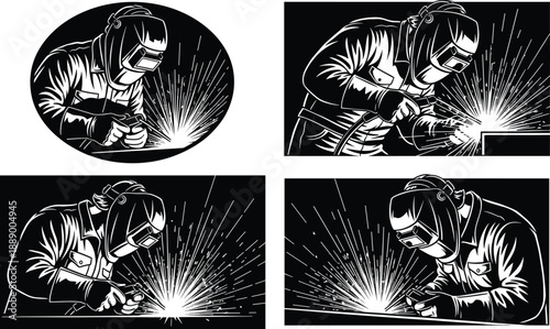 Welder at Work Silhouette Illustration Set with Sparks and Protective Gear for Industrial and Metal Fabrication Design