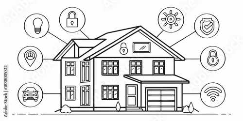 Smart Home Technology Connected to House Icons Security, Wi-Fi, Lights, Location, and More