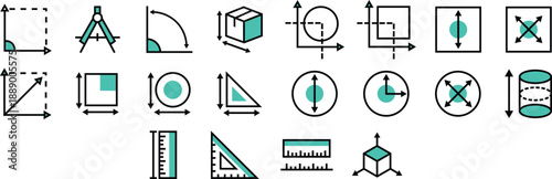 Geometric Shapes, Rotation, Scale and Dimension Icons Set, Line Style Vector for Web Design and User Interfaces