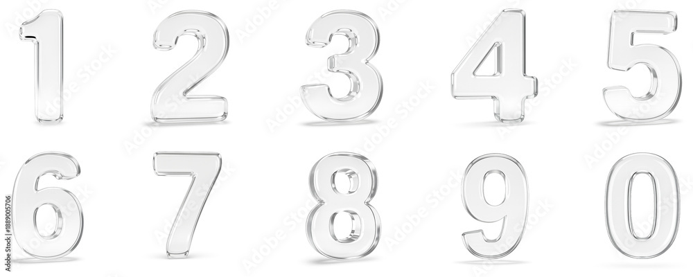Obraz premium Complete set of luxury 3D glass numbers 0 to 9, transparent crystal numeric characters collection with glossy reflection on white background, modern elegant typography for premium design