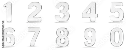 Complete set of luxury 3D glass numbers 0 to 9, transparent crystal numeric characters collection with glossy reflection on white background, modern elegant typography for premium design