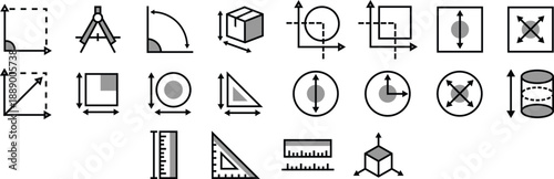 Outline Geometry Measurement and Transform Icons Set, Line Style Vector for Web Design and User Interfaces