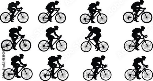 Cyclist silhouettes set featuring racing bicycle riders vector illustration isolated black sport biking training fitness transportation icons collection