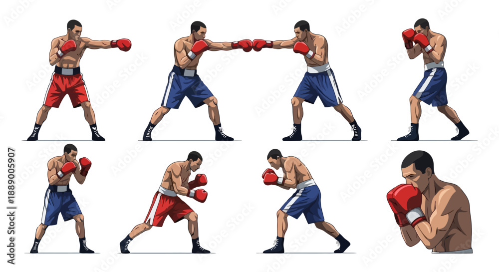 Fototapeta premium Dynamic collection of boxers in various fighting poses.