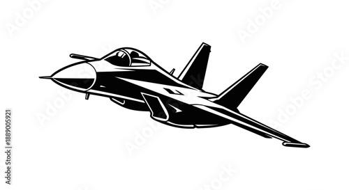 Monochromatic illustration of a powerful military jet fighter aircraft in flight.