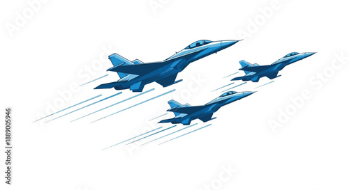 Three blue fighter jets flying in formation with speed trails.