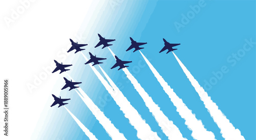 Nine jet planes flying in formation with smoke trails.