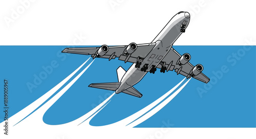 Large passenger airplane taking off with contrails.