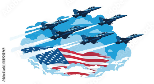 Military jets flying in formation with American flag.