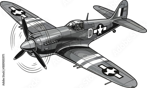 Vintage World War II Fighter Plane in Flight Detailed Illustration.