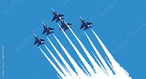 Five fighter jets performing an aerial display with smoke trails.