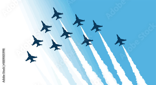 Nine fighter jets flying in formation with smoke trails against a blue sky.
