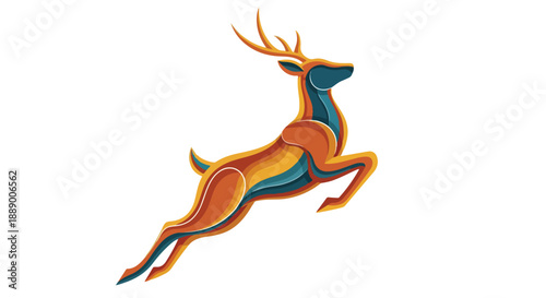 A colorful illustration of a leaping deer with vibrant orange and blue hues against a clean white background.