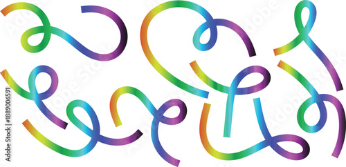 A colorful abstract design of swirling rainbow ribbons on a white background