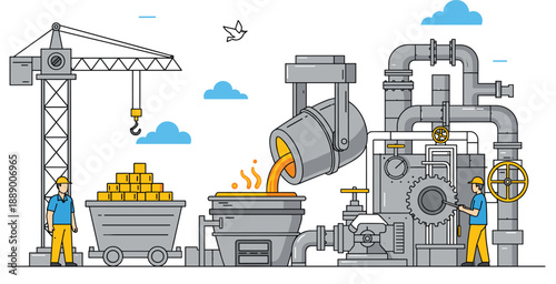 Metal Foundry and Steel Manufacturing Illustration with Industrial Workers Furnace and Crane for Factory Design