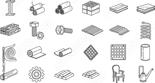 Industrial Materials and Manufacturing Components Line Icon Set with Metal Wood Textile and Machinery Parts