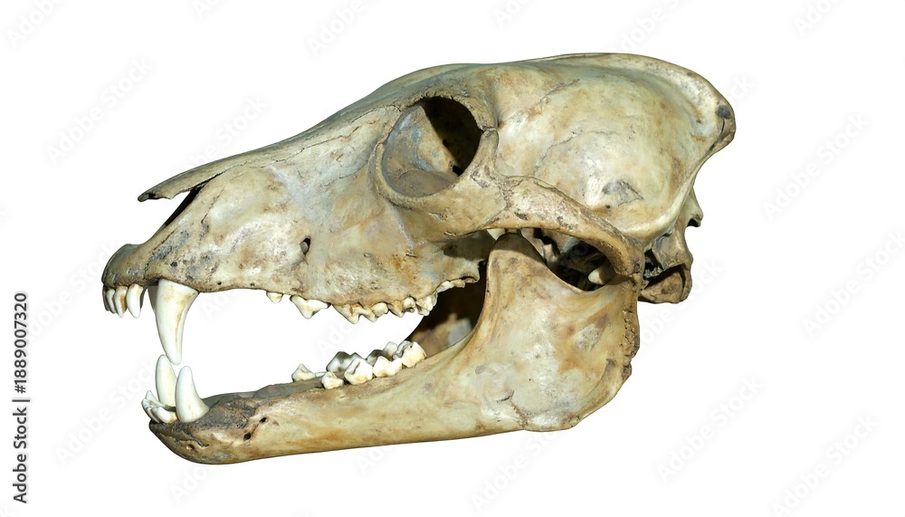 Naklejka premium A side profile of a weathered animal skull is shown on a white background. The bony structure includes teeth and eye sockets