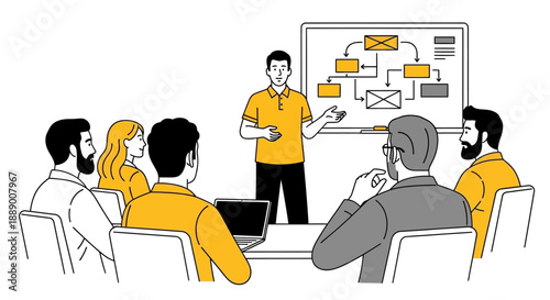 Diverse team in a modern attending a business presentation with a flowchart