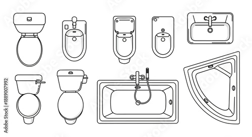 Set of modern bathroom fixtures, top view: toilets, sinks, bathtubs, and bidets