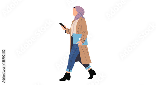 Modern Woman in Hijab Walking with Laptop and Phone, Stylishly Dressed for Work