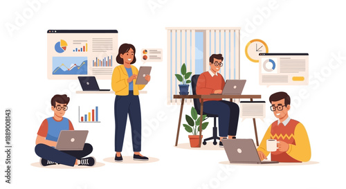 Diverse Team Collaborating on Business Project in Modern Space