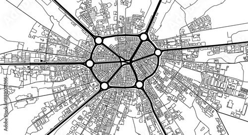 Abstract City Map Vector Illustration with Roundabouts and Radial Road Network