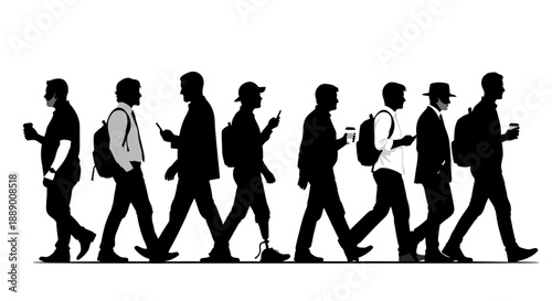 Diverse Crowd of People Walking with Phones and Coffee Cups, Diverse Men