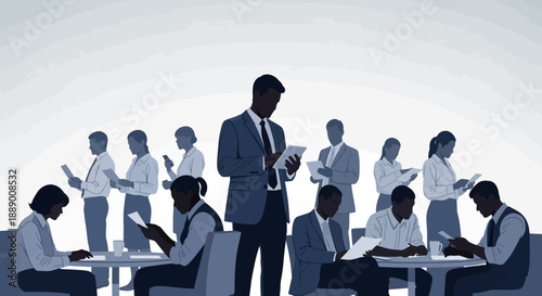 Diverse group of professionals using tablets and smartphones in a modern setting