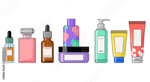 Collection of cosmetic bottles and tubes for skincare and beauty products