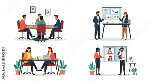 Diverse business professionals collaborating in meetings and video conferences