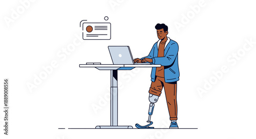 Man with Prosthetic Leg Working on Laptop at Standing Desk, Diverse Workplace Concept