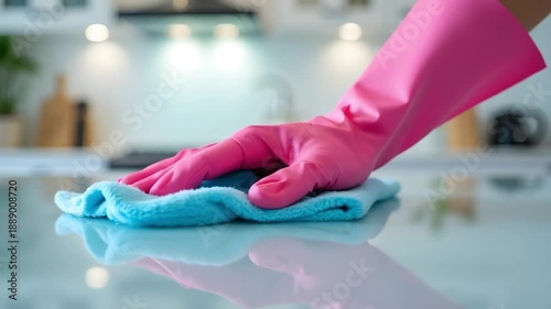 Cleaning a kitchen counter with a pink glove