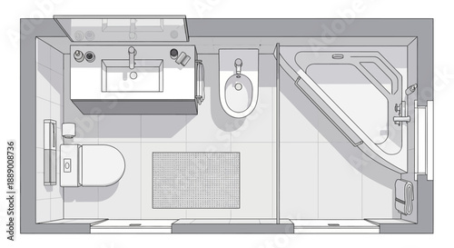 Top-Down View of a Modern Bathroom Layout with Bathtub, Sink, and Toilet