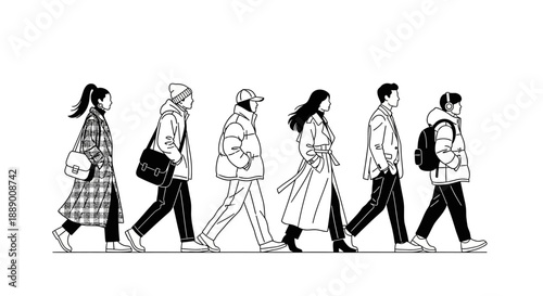 Diverse group of stylish people walking together in a, minimalist vector art