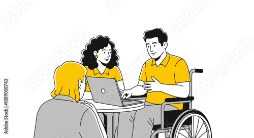 Diverse team collaborating on laptop in modern, wheelchair user included