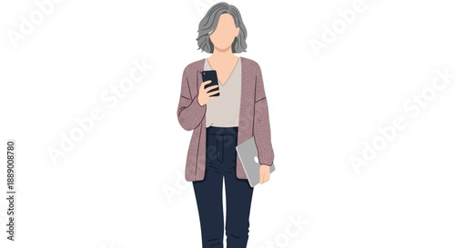 Businesswoman with Smartphone and Laptop, Modern Professional Woman Illustration