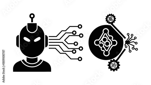 Silhouette of futuristic human head with glowing eyes connected by circuits to abstract brain network symbolizing digital thought transfer