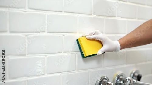 Cleaning a white tiled wall with a sponge