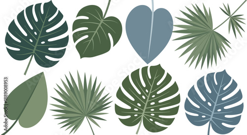 Collection of Stylized Tropical Leaves in Various Green and Blue Hues