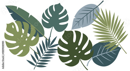 Assortment of Tropical Leaves in Various Shades of Green and Blue, Vector Illustration